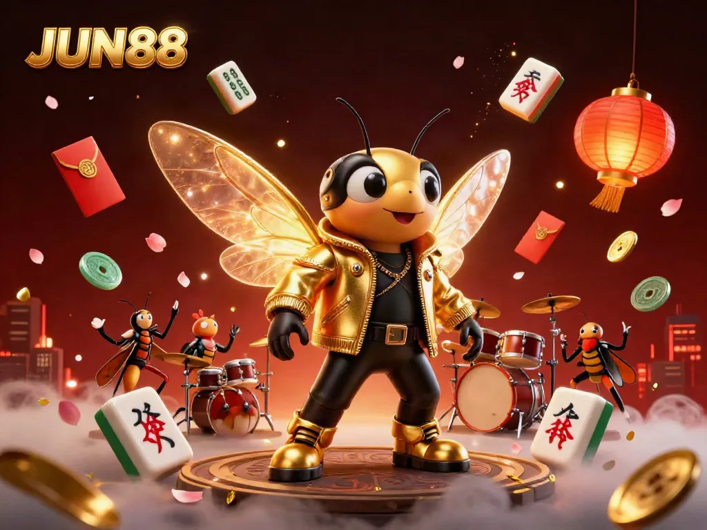 Engage with the vibrant energy of JUN88, where a charismatic cicada rock star and friends celebrate gambling glory amidst a festive casino backdrop.
