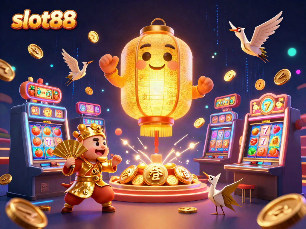 Slot88 players celebrate big wins in a dynamic, colorful casino scene filled with lucky symbols.