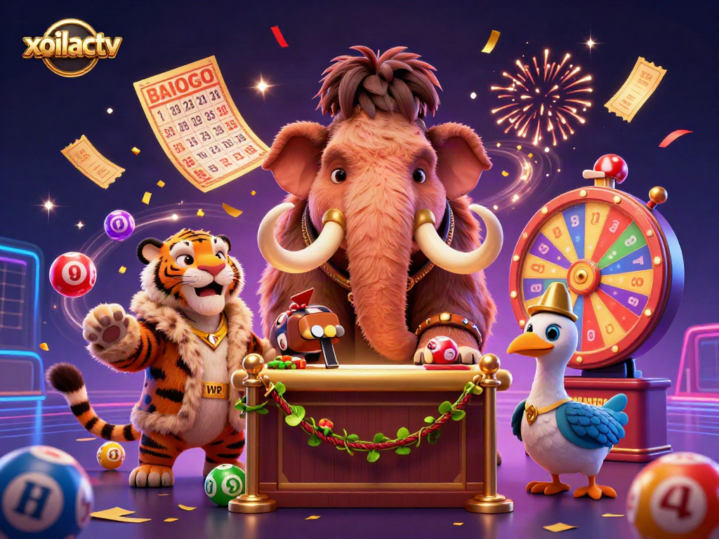 Engage with xoilactv in a vibrant casino scene featuring cartoon mammals and dynamic prizes.
