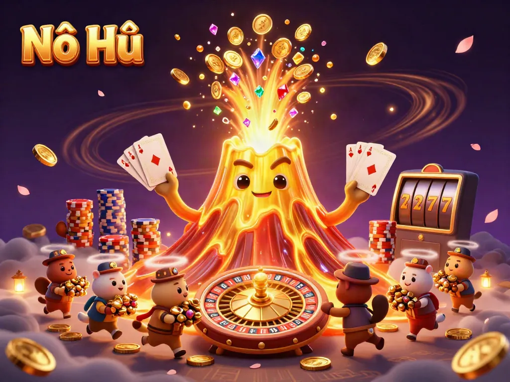 Nổ Hũ adventure with a golden volcano erupting treasures in a vibrant casino scene.
