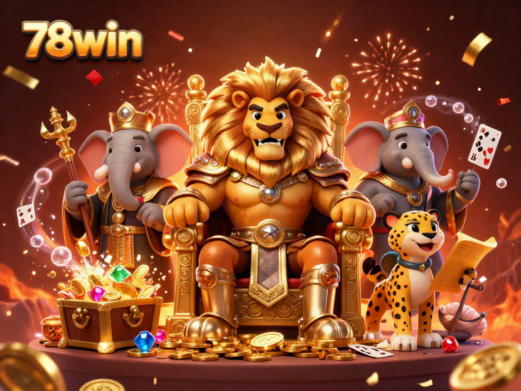 Experience the dynamic world of 78win with a lion king, elephant advisor, and cheetah messenger in a vibrant casino scene.