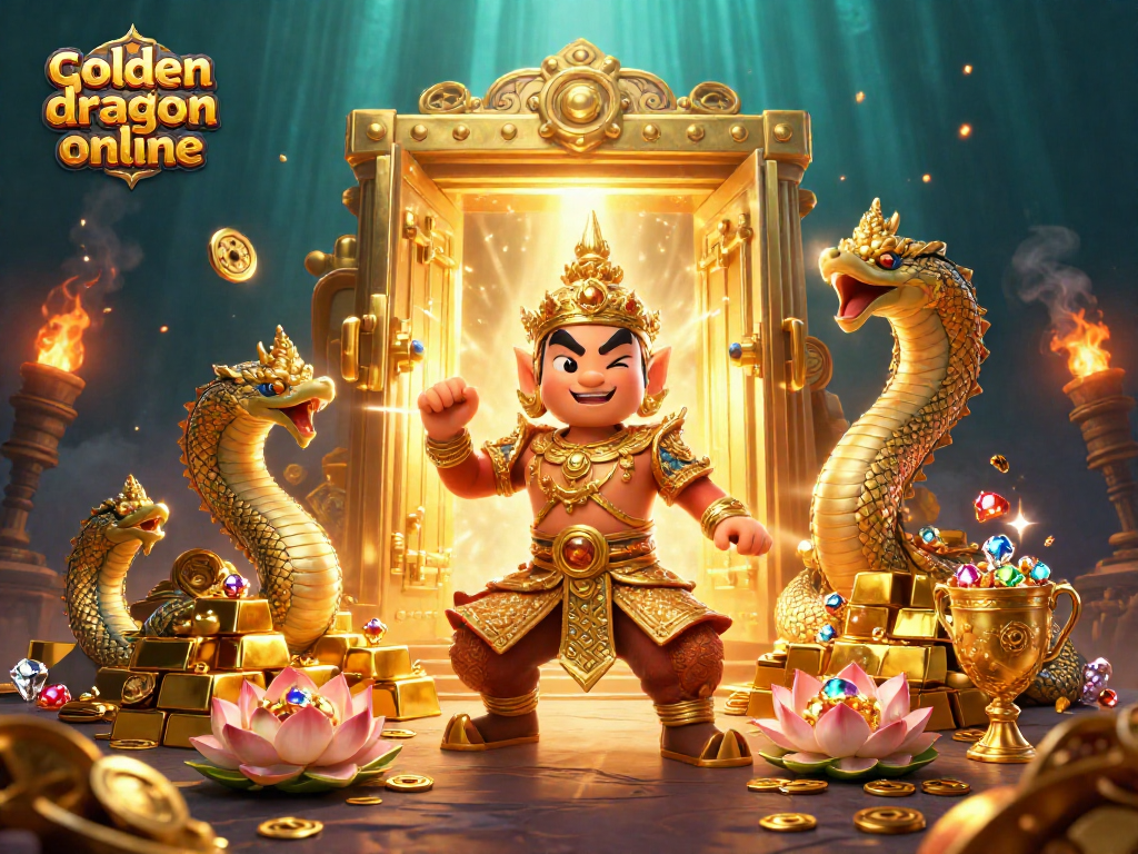 Explore golden dragon online's treasures with exciting jackpot symbols and vivid characters in a dynamic casino illustration.