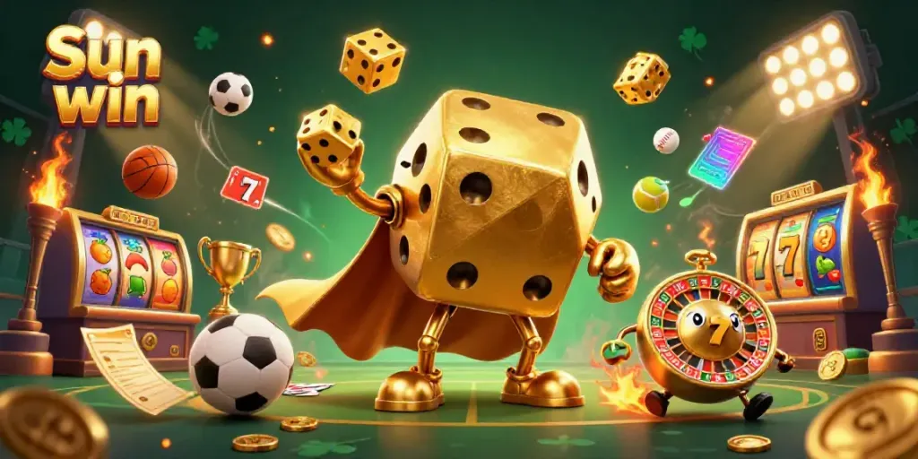 Engage in thrilling slots action at Sun win while enjoying dynamic 3D illustrations of dice and golden games.
