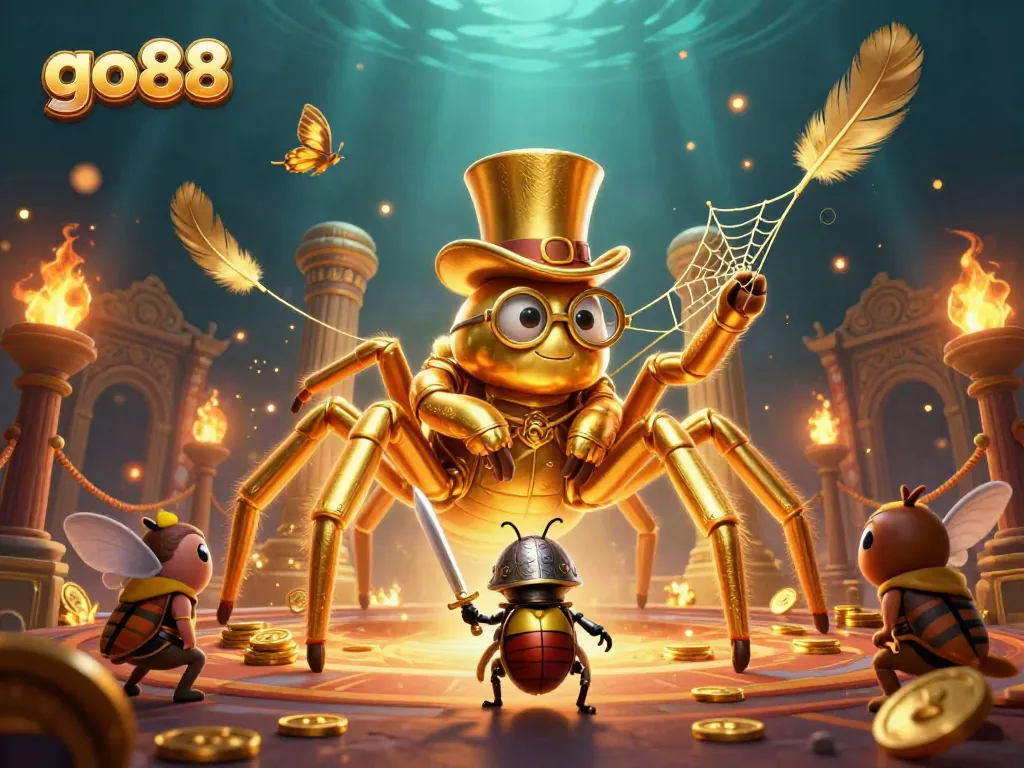 Experience thrilling gameplay at go88 with a golden tarantula weaving gold threads among dynamic casino elements.