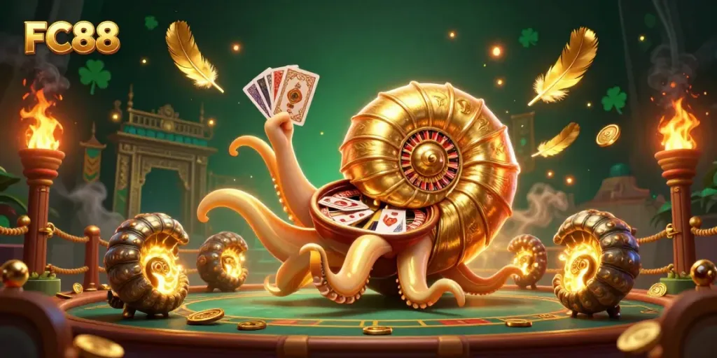 Engaging scene of FC88 using a giant nautilus roulette wheel and glowing ammonite fossils amidst gambling elements.