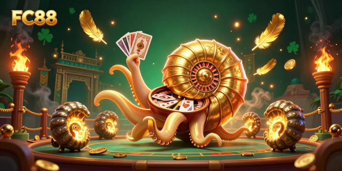 Engaging scene of FC88 using a giant nautilus roulette wheel and glowing ammonite fossils amidst gambling elements.