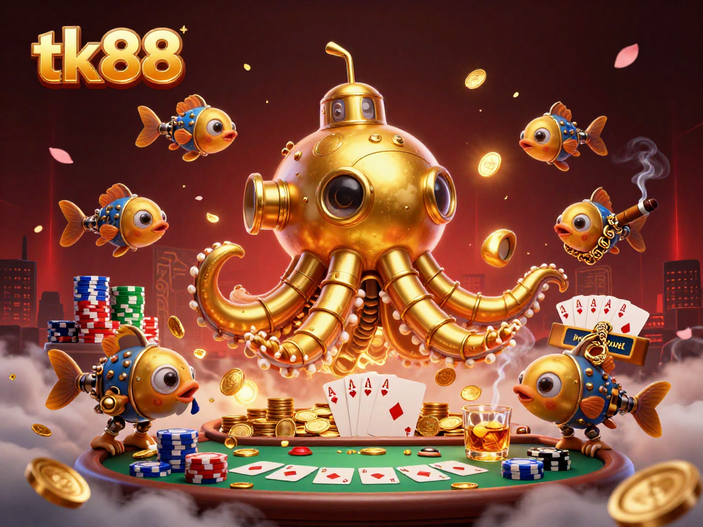 Players thrive at tk88 with a golden kraken submarine amidst poker chips and cards.