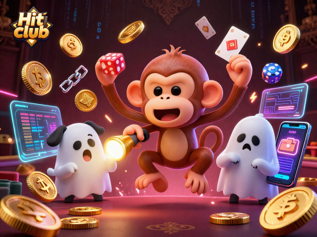 Hit club featuring a playful poltergeist monkey juggling coins in a vibrant haunted casino scene.