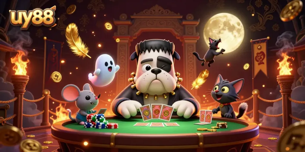 Experience thrilling casino action with uy88 as a Frankenstein bulldog deals cards amidst gold and ghosts.