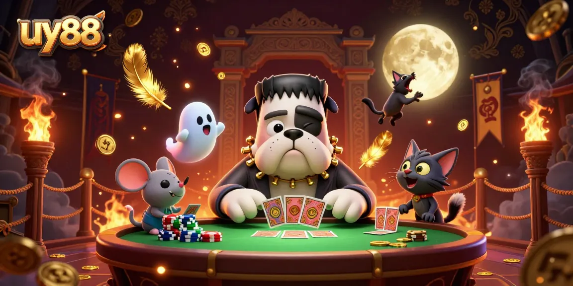 Experience thrilling casino action with uy88 as a Frankenstein bulldog deals cards amidst gold and ghosts.