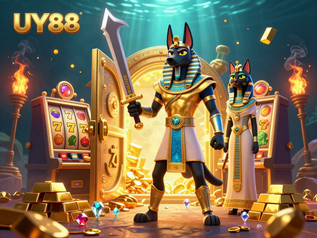 Join Anubis and Bastet at UY88 for thrilling slot adventures filled with treasures.