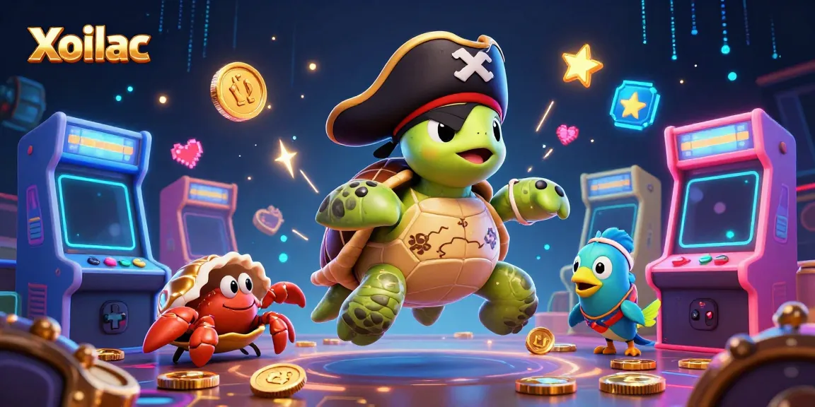 Experience thrilling action with Xoilac's pirate-themed 3D gaming scene featuring vibrant characters and colorful arcade machines.