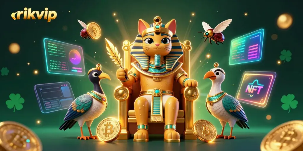 Engage with rikvip's vibrant casino world featuring an Egyptian pharaoh cat and dynamic crypto elements.