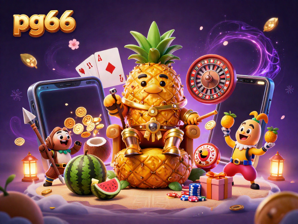 Experience excitement with pg66 featuring a colorful scene of online casino games, golden treasures, and dynamic characters.
