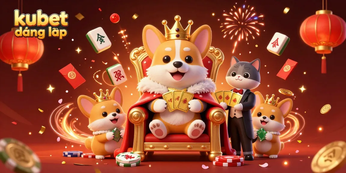 Experience kubet đăng nhập with an enchanting 3D scene featuring a royal corgi on a poker chip throne and festive gambling elements.