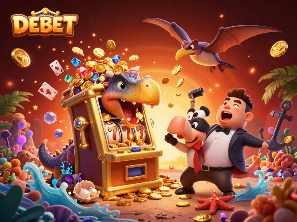 Win big with DEBET in a vibrant casino scene featuring dinosaurs and jackpot coins!