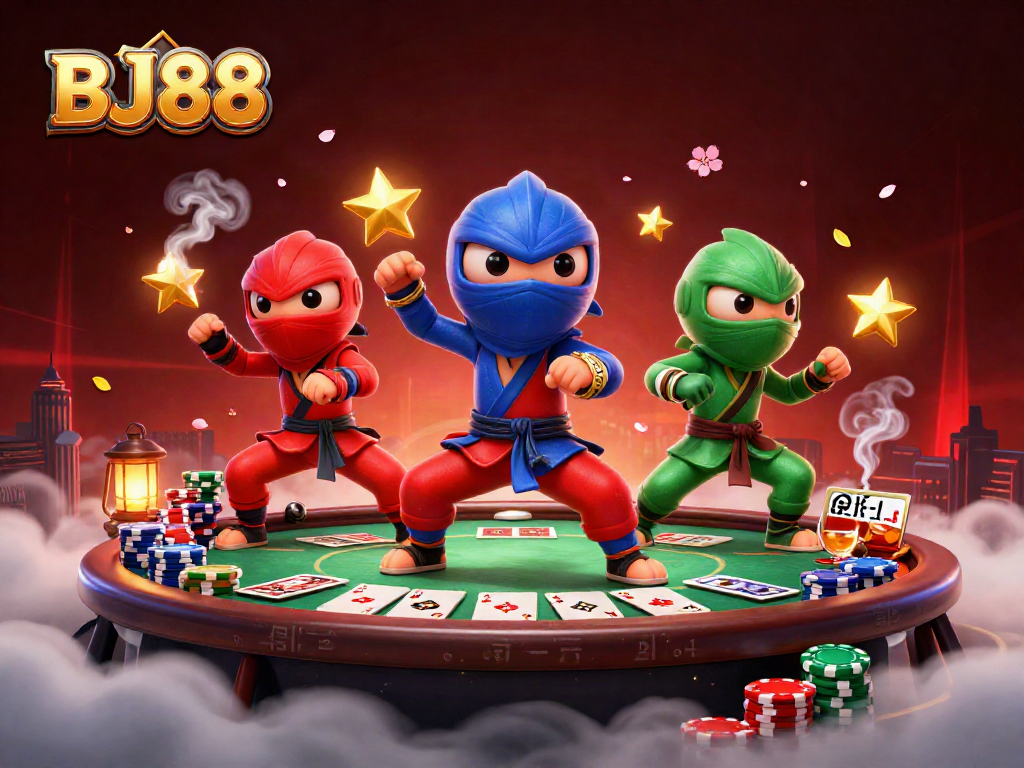 Engaging scene of BJ88 showcasing a vibrant chameleon ninja team performing martial arts with casino elements.