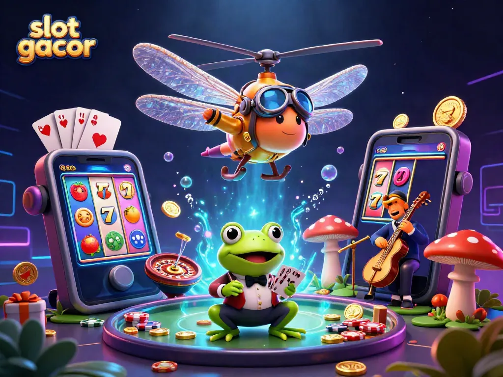 Experience the thrill of slot gacor with a vibrant casino scene featuring a dragonfly pilot and a frog dealer.