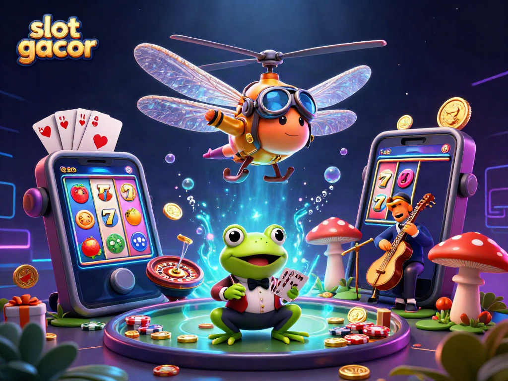 Experience the thrill of slot gacor with a vibrant casino scene featuring a dragonfly pilot and a frog dealer.