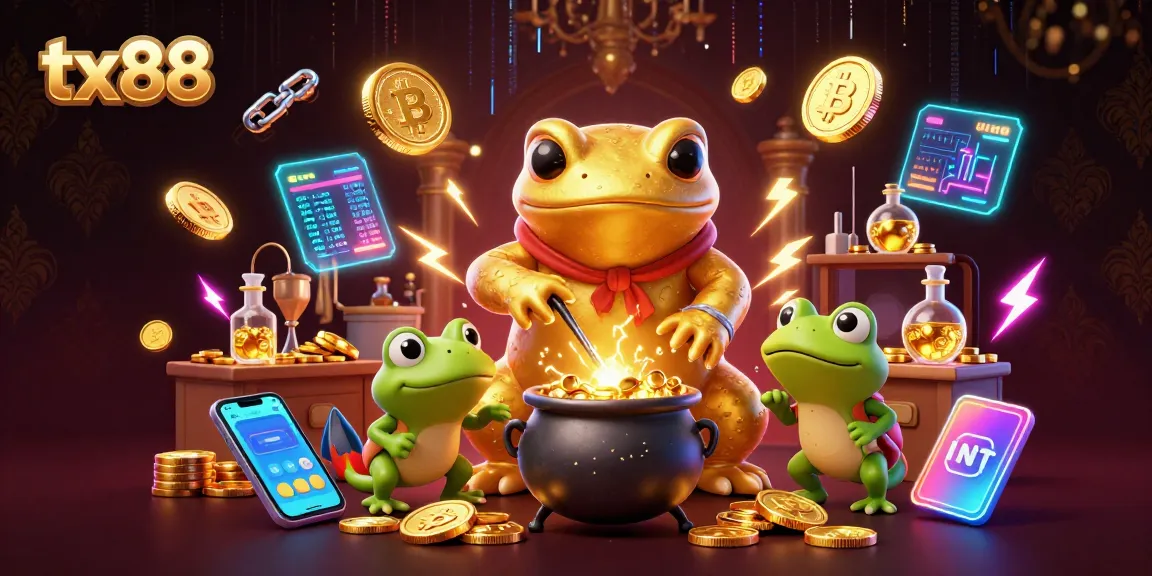 Engage in gambling with tx88, featuring a golden salamander alchemist and crypto elements in a vibrant casino scene.