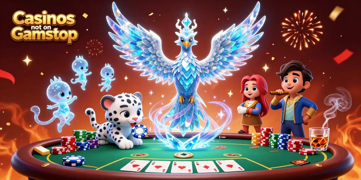 Experience the thrill at Casinos not on Gamstop with a majestic ice phoenix and vibrant gaming elements.