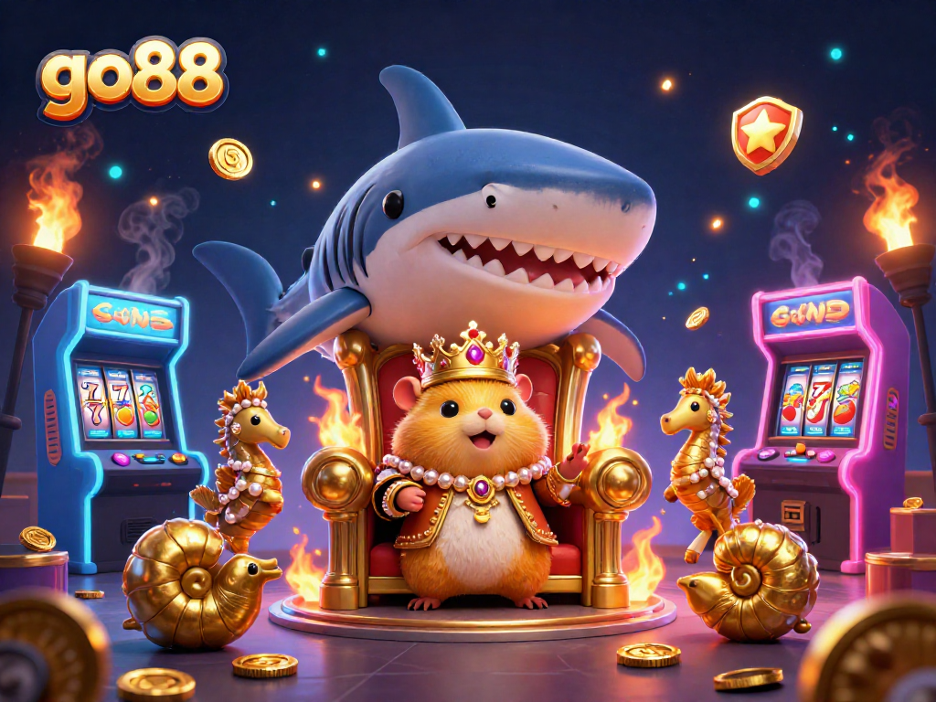 Engage with the vibrant scene showcasing the exciting go88 gaming elements, featuring a golden hamster king on a shark tooth throne.