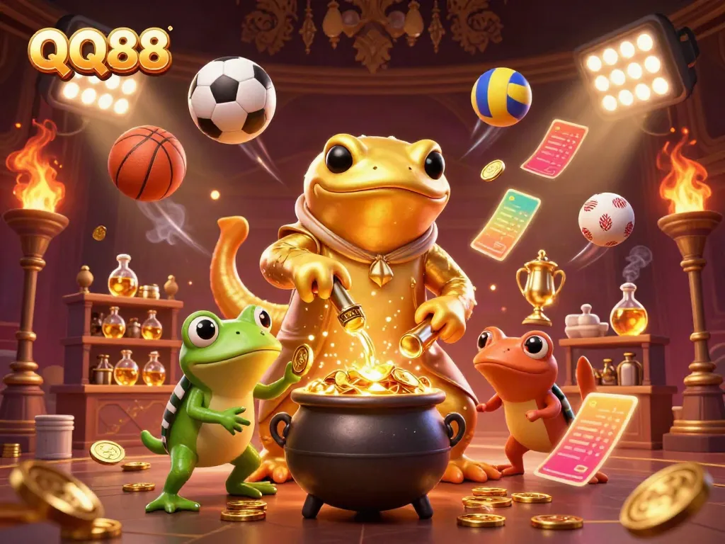 Engage with thrilling casino action as QQ88 transforms base metals into gold, showcasing vibrant gambling elements.
