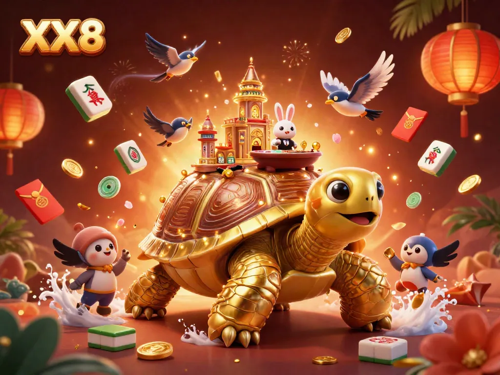 Experience the magic of gambling with XX8 at a stunning 3D casino scene featuring a golden tortoise and rabbit dealer.