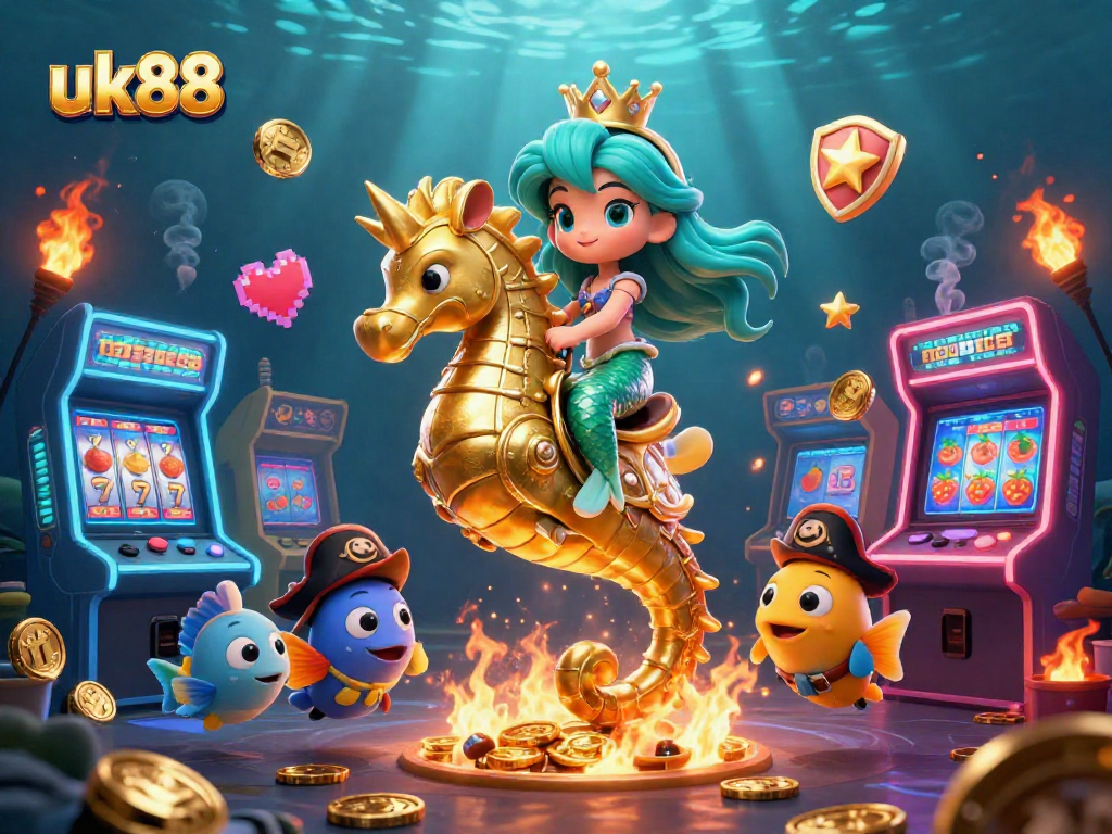Experience uk88's vibrant gaming world with a magical mermaid, seahorse, and colorful underwater elements.