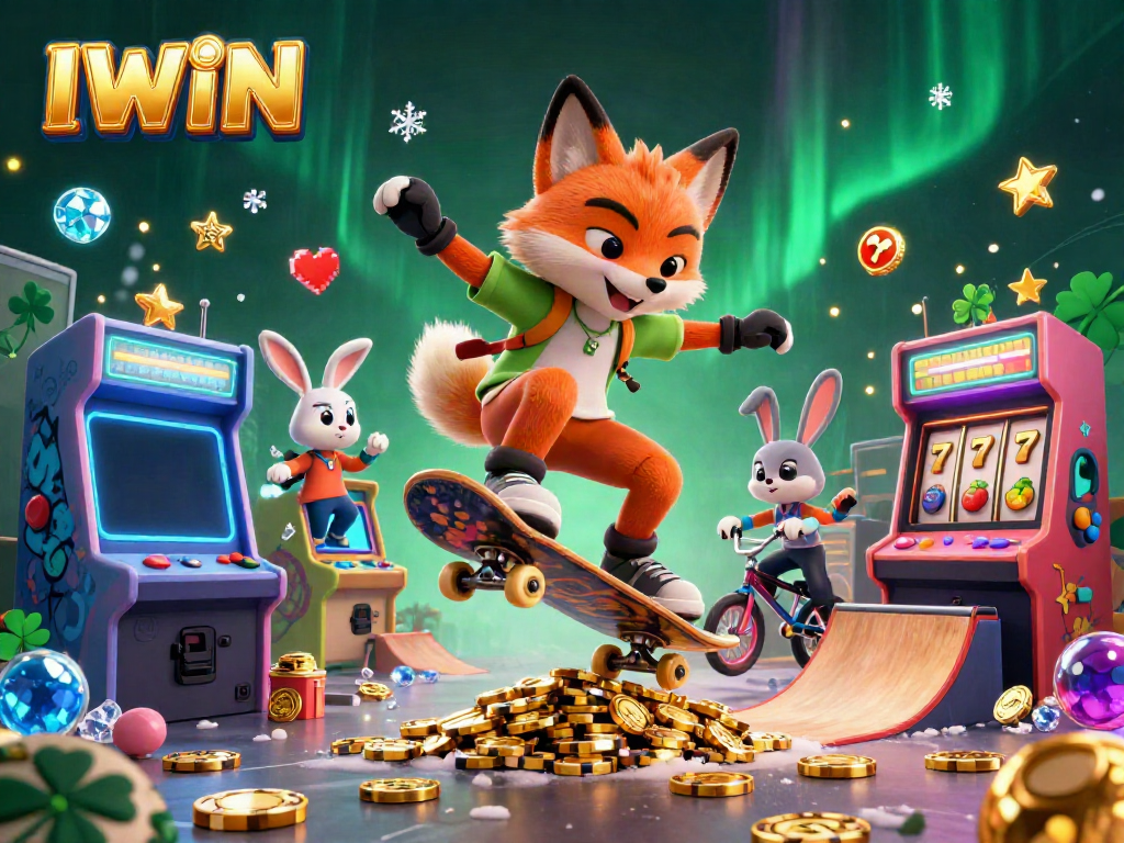 IWIN engages players with a dynamic 3D casino scene featuring a fox skateboarding over golden poker chips.