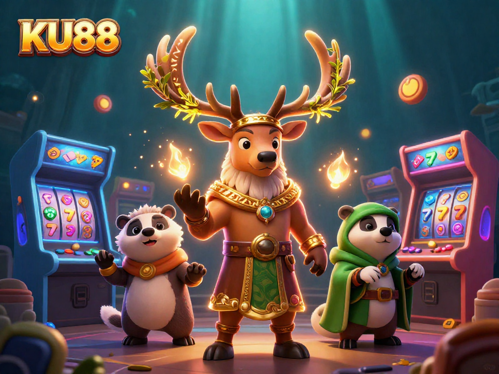 Engage with KU88's captivating 3D casino scene featuring a druid stag, badger, and glowing elements.