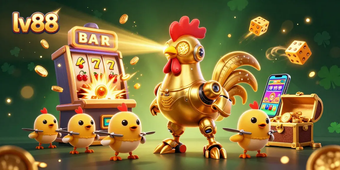 Engage in exciting gaming with lv88's golden rooster robot amidst slot machines, treasures, and festive decorations.