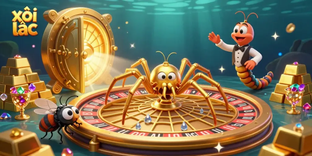 xôi lạc betting scene featuring a golden spider and a centipede croupier in a rich casino environment.