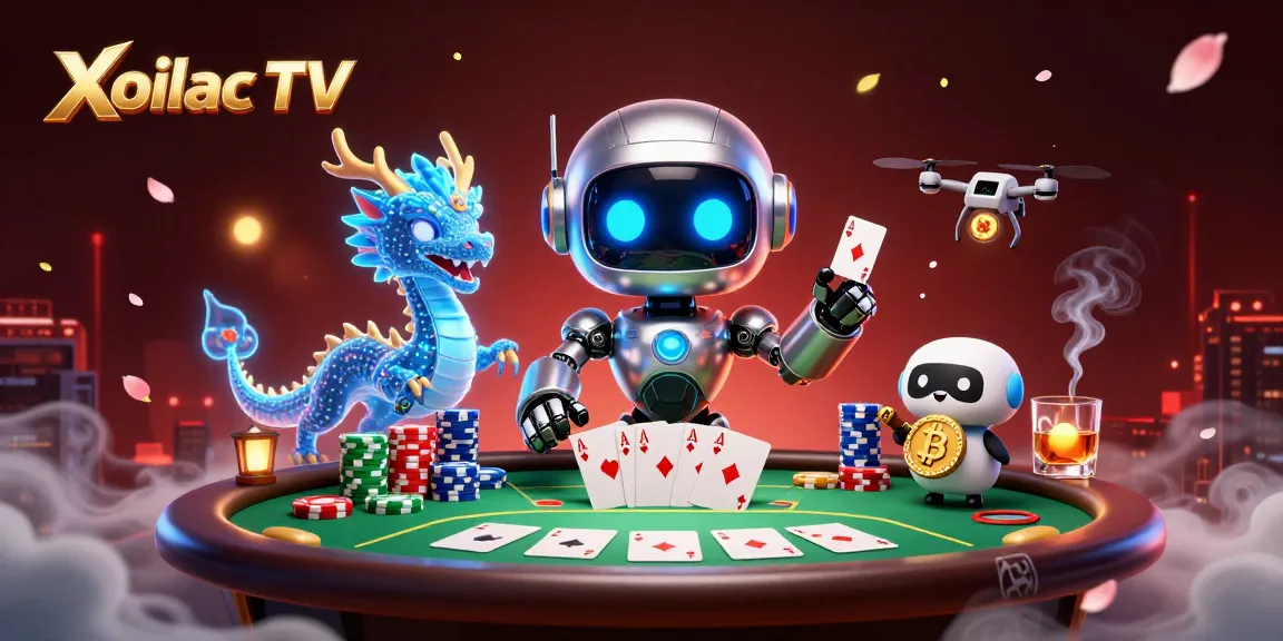 Xoilac TV illustration showcasing vibrant casino elements with a cyberpunk robot and poker features.