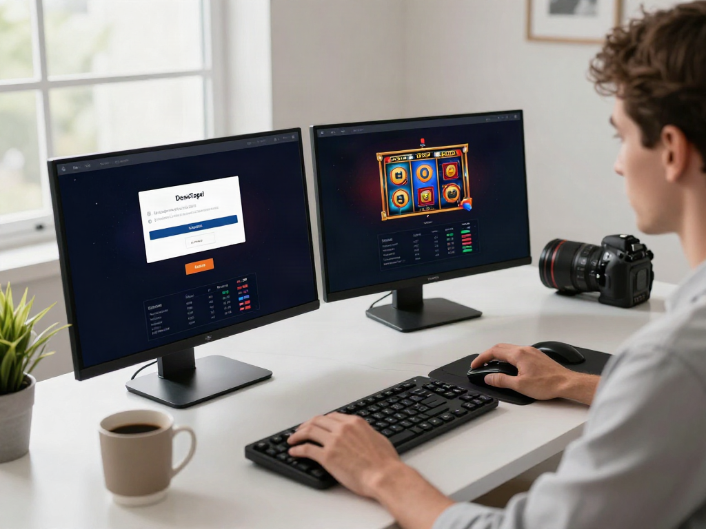 Login Dewatogel scene showcasing a user immersed in an online gaming experience with multiple screens and a high-tech home office setup.