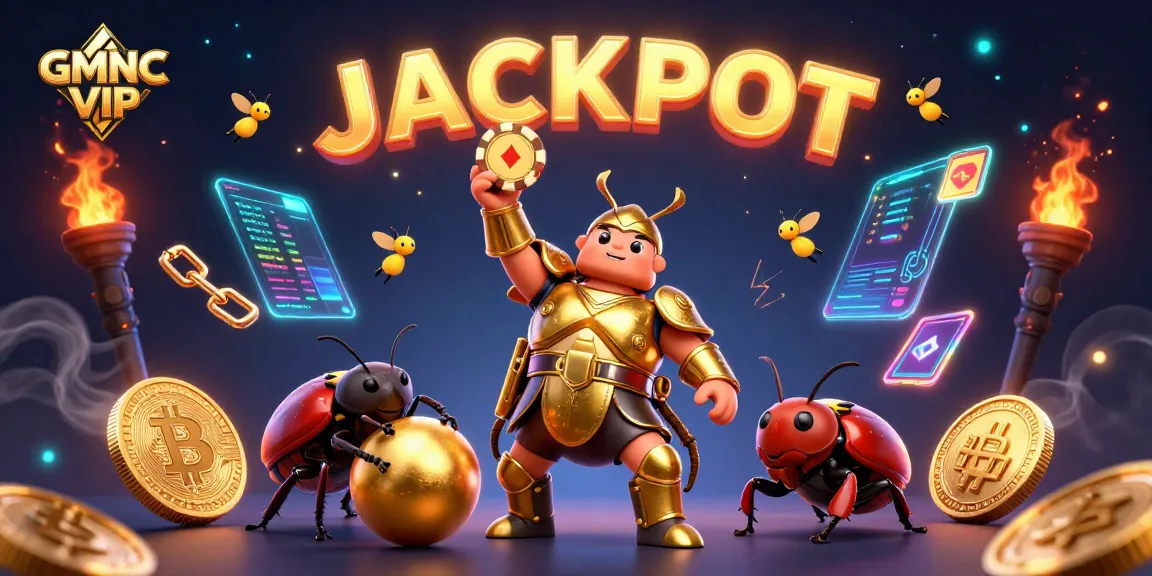 Celebrate with GMNC VIP as a hercules beetle triumphantly lifts a poker chip amidst glowing cryptocurrencies in a lively casino scene.