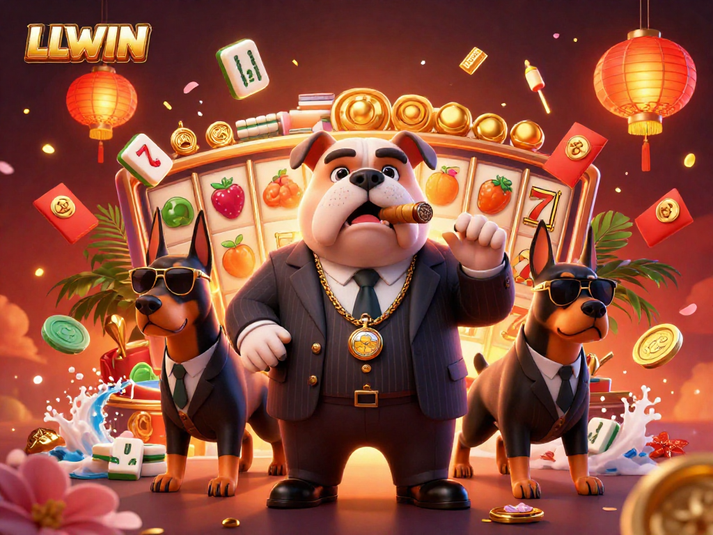 Immerse in LLWIN’s gaming world with vibrant slot reels and mafia characters.