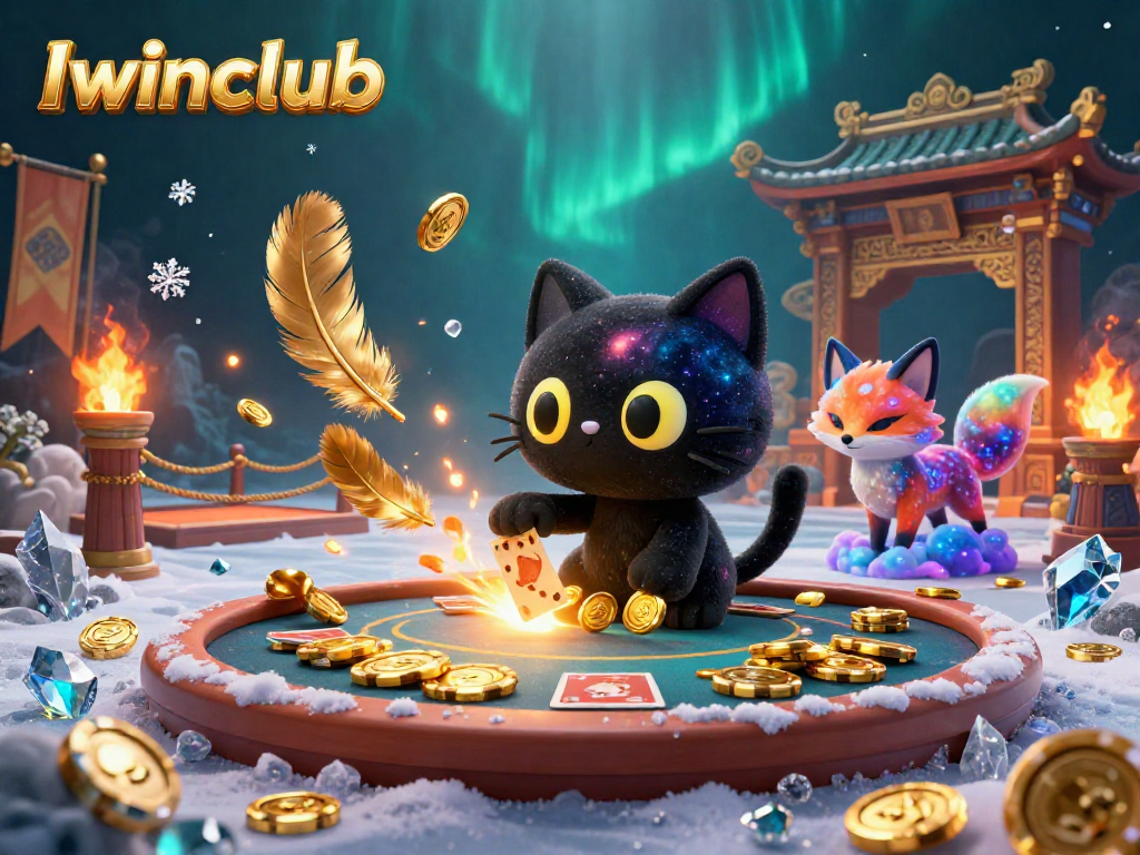 Iwinclub's cosmic casino scene with the black hole cat pulling golden chips and cards.