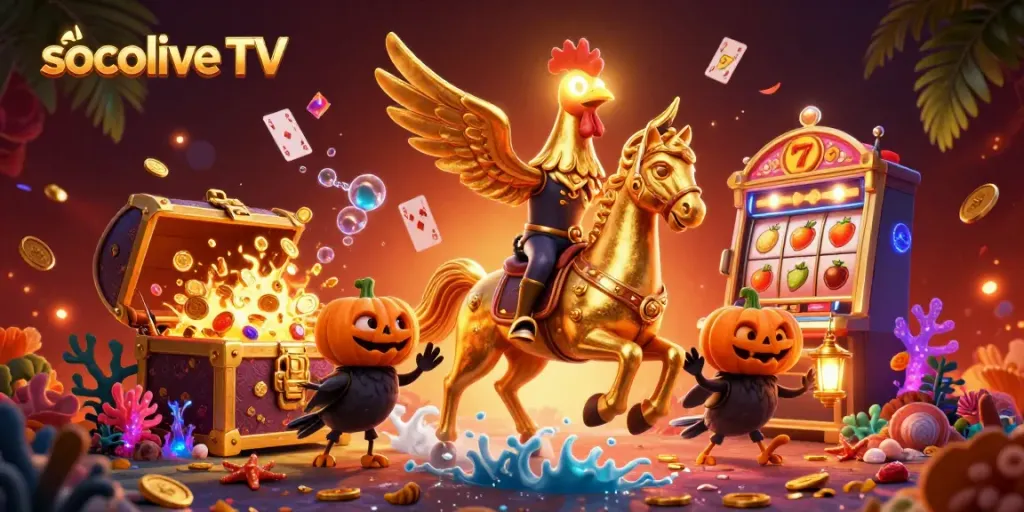 Socolive TV offers thrilling experiences as a golden rooster mascot dominates a vibrant, action-packed casino scene.