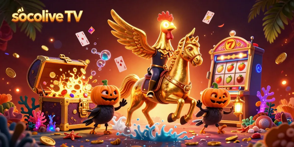 Socolive TV offers thrilling experiences as a golden rooster mascot dominates a vibrant, action-packed casino scene.