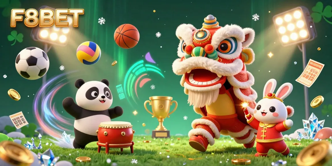 Experience lively F8BET celebrations with a lion dance, panda drummer, and dynamic sports elements in an engaging casino-themed scene.