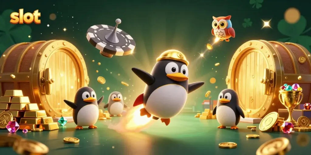 Spin the slot reels with a golden penguin space adventure toward jackpot treasures in a dazzling casino scene.