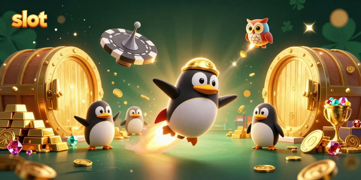 Spin the slot reels with a golden penguin space adventure toward jackpot treasures in a dazzling casino scene.