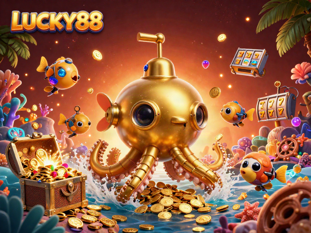 Engage with thrilling LUCKY88 slots as the golden kraken submarine surfaces among gold coins.