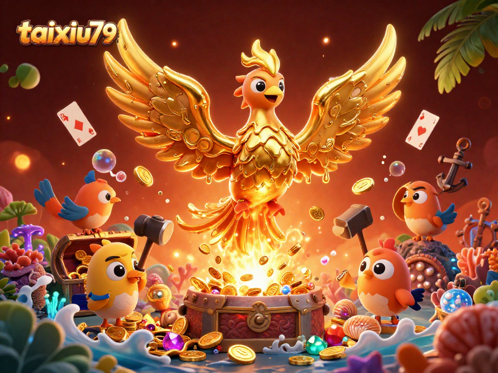 Engage in thrilling games with taixiu79, featuring golden phoenix and rich casino elements.