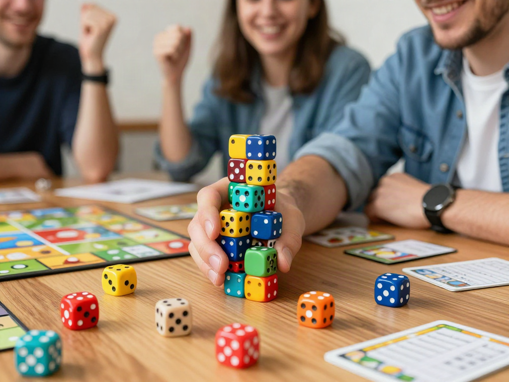 Dynamic dice stacking at dicestack.net, showcasing skillful play with colorful dice.