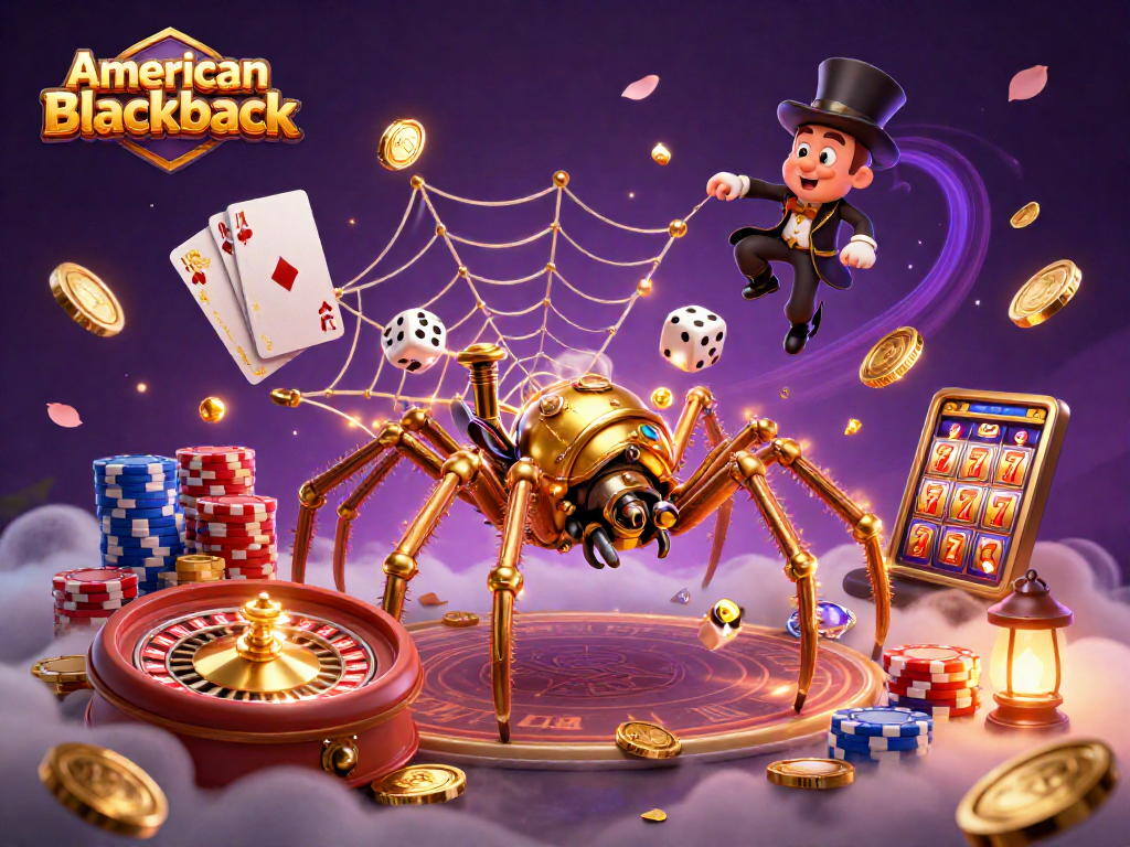 Experience thrilling american-blackjack gameplay with a 3D steampunk spider and golden poker elements.