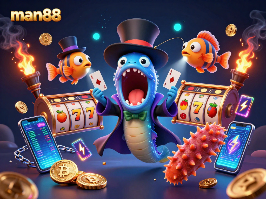 Experience man88 thrilling casino magic with bright slots and characters in a vibrant 3D scene.