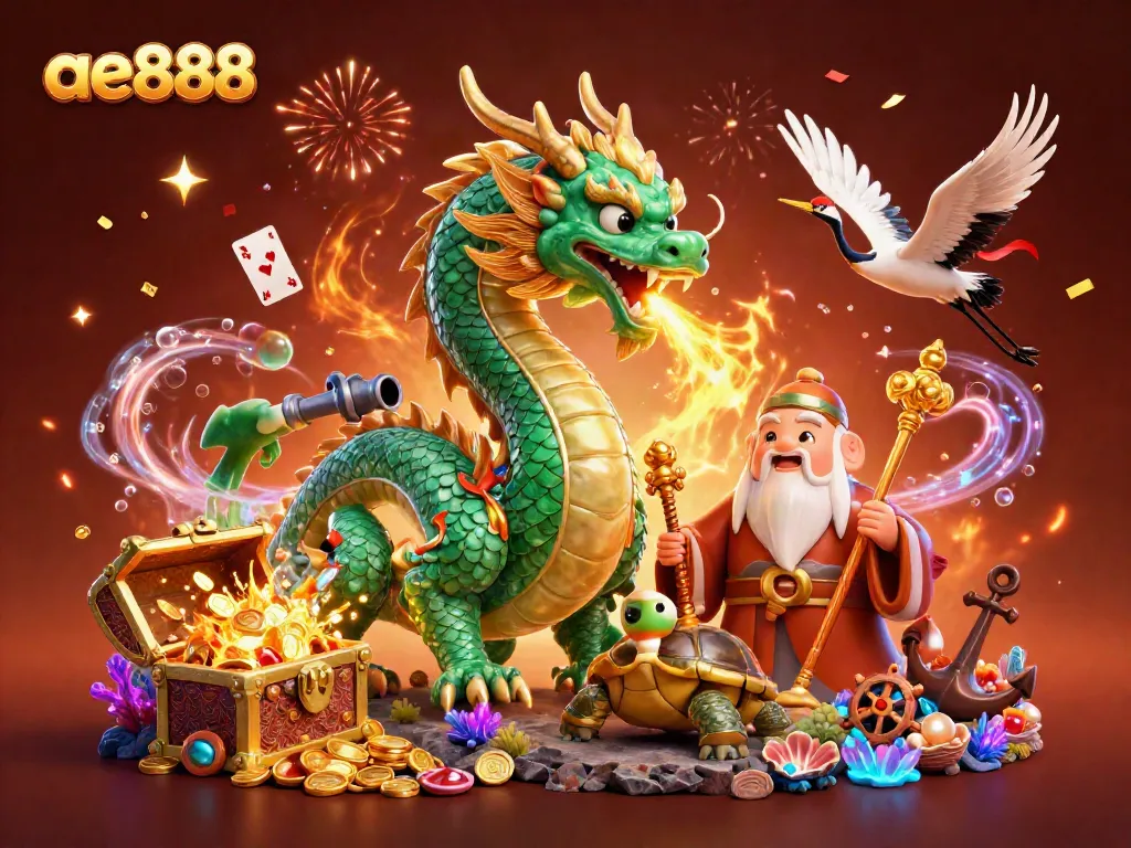 Experience thrilling action at ae888 with a jade dragon and lucky cranes amidst celebratory elements