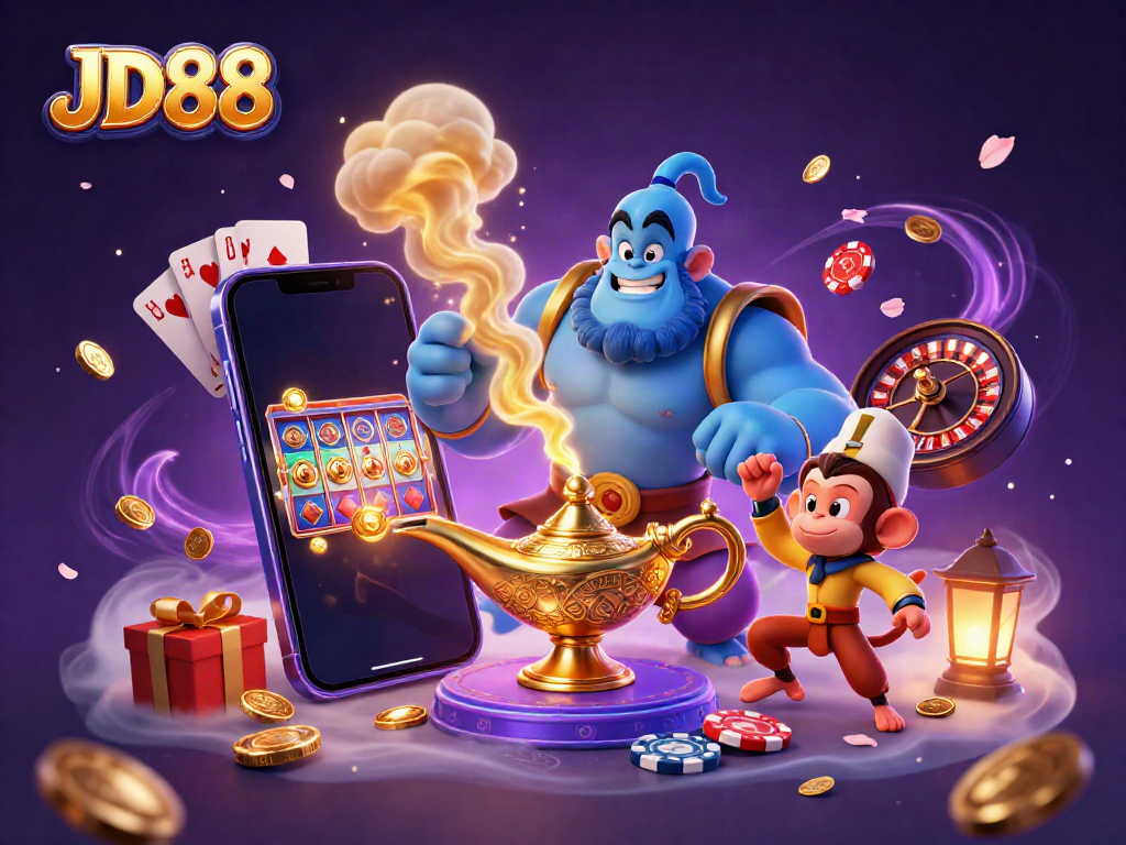 Experience the enchanting world of JD88 with a vibrant illustration featuring a genie, a monkey, and gaming elements.